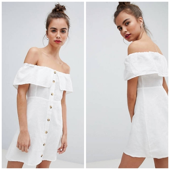 asos Pull&Bear Off Shoulder Ruffle Button Down Linen Dress in Honeycomb Gold - Picture 7 of 12